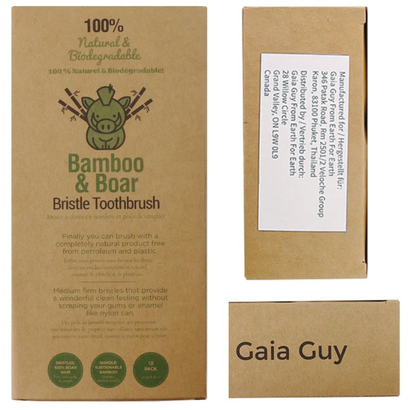 Gaia Guy Natural Bristle Bamboo Toothbrush with Boar Bristles - Totally Biodegradable and Compostable - No Nylon Toothbrushes - Zero Waste 12-Pack