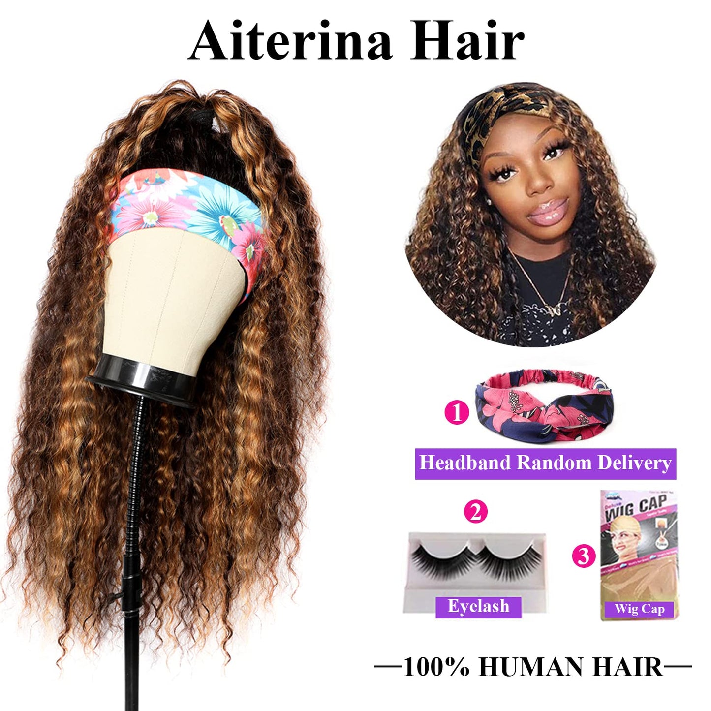Aiterina Headband Wig deep wave human hair wigs for Black Women Brazilian Remy Hair Glueless Non Lace Front Wig Wear and Go Wigs Machine Made 150% Density (12 inch, 4/27 Highlight)