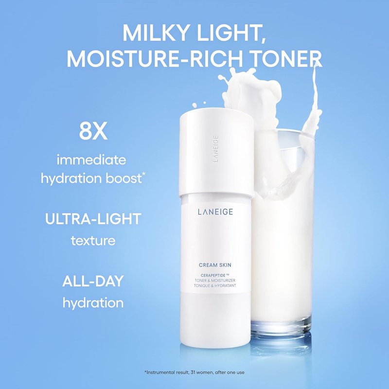 Laneige Cream Skin Toner - Lightweight Refillable Korean Milky Toner with Ceramide & Peptide for Hydration & Firming | 6.76 Fl Oz