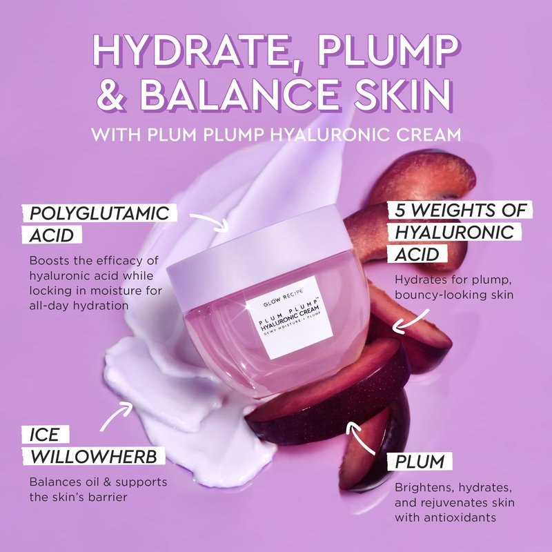 Glow Recipe Plum Plump Hyaluronic Acid Face Cream Moisturizer, Travel Size, Korean Moisturizer for Dry Skin, Plumping + Firming Hydration, Polyglutamic Acid + Peptides (20ml)