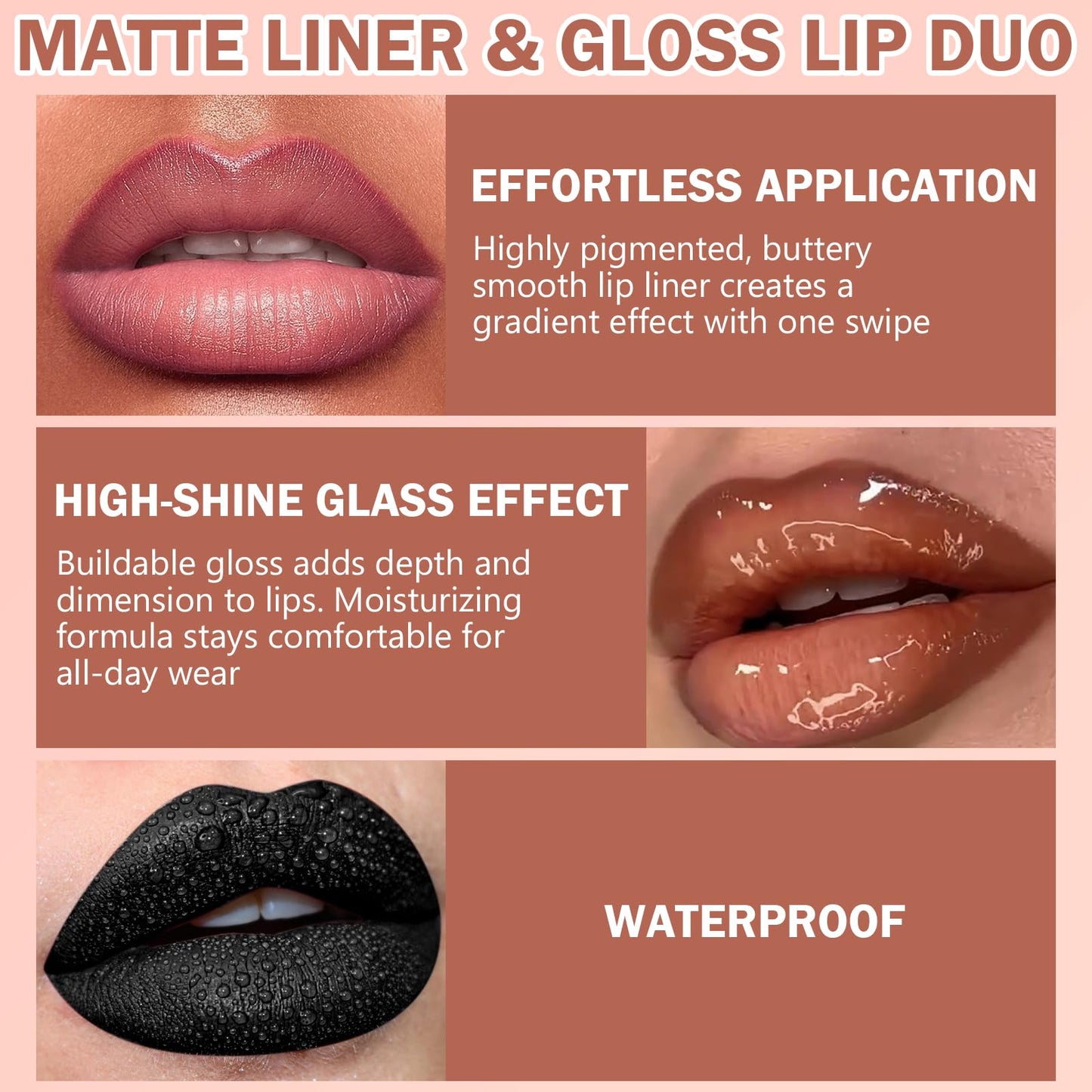 Jutqut Lip Liner & Gloss Lipstick Combo - 2 in 1 Dual-Ended Lip Combo Set, Nude Brown Velvet Matte Lip Liner & Buildable Light Brown Glowy Lip Gloss Kit for Women, Long Wear Shiny Plumping Finish, 06