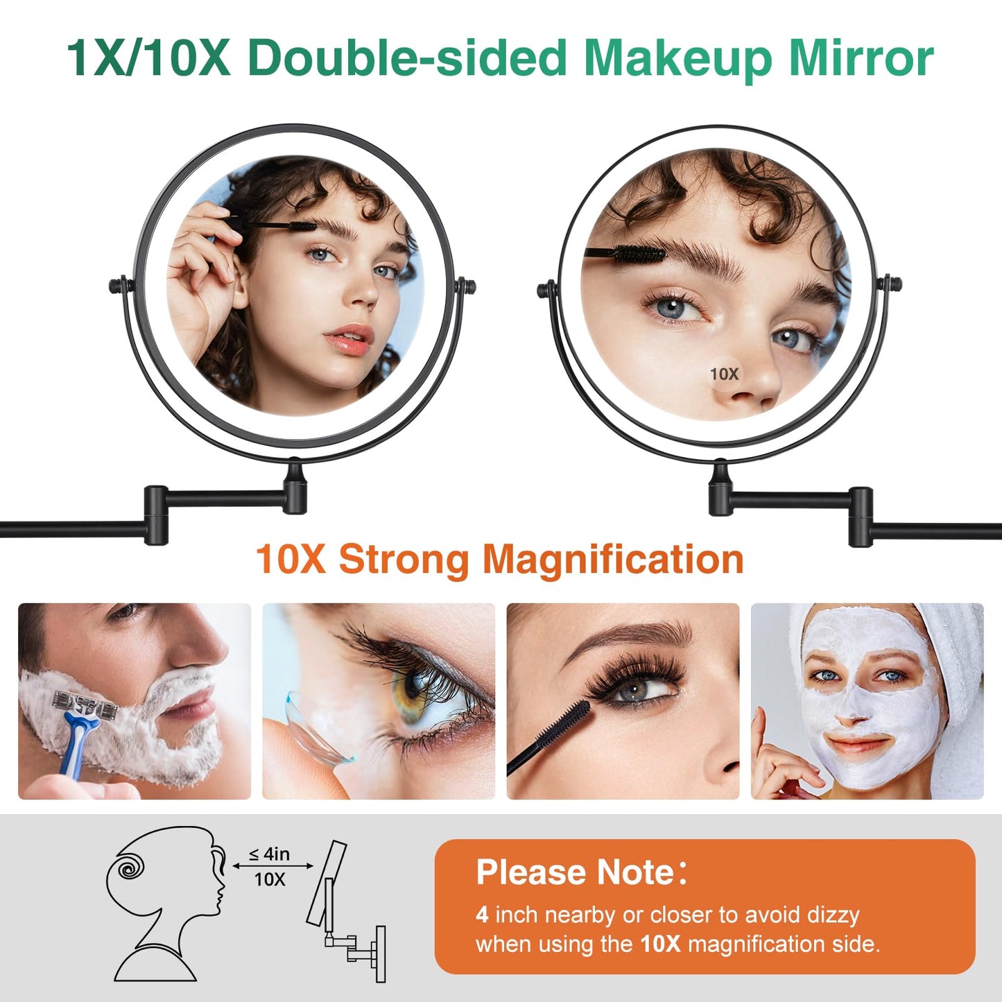 8.5'' Lighted Makeup Mirror with Magnification, Double Sided Dual Touch 1X/10X Magnifying Mirror with Lights 360°Swivel Bathroom Mirror with Extendable Arm