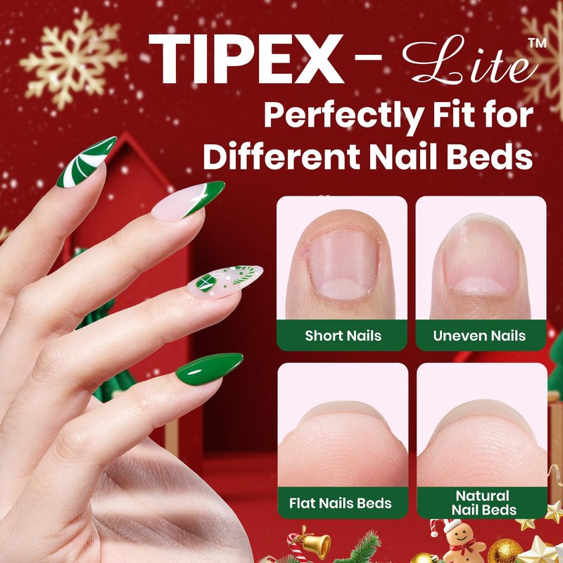 Beetles Tipex Lite Apex Christmas Gift Nail Tips Kit –Almond Medium 16Sizes, 6 Pcs Red Sparkle Green Glitter Gold Silver Dark Red Gel Polish Kits, UV Solid Glue, Base & Top Coat, 3 Nail Art Brushes