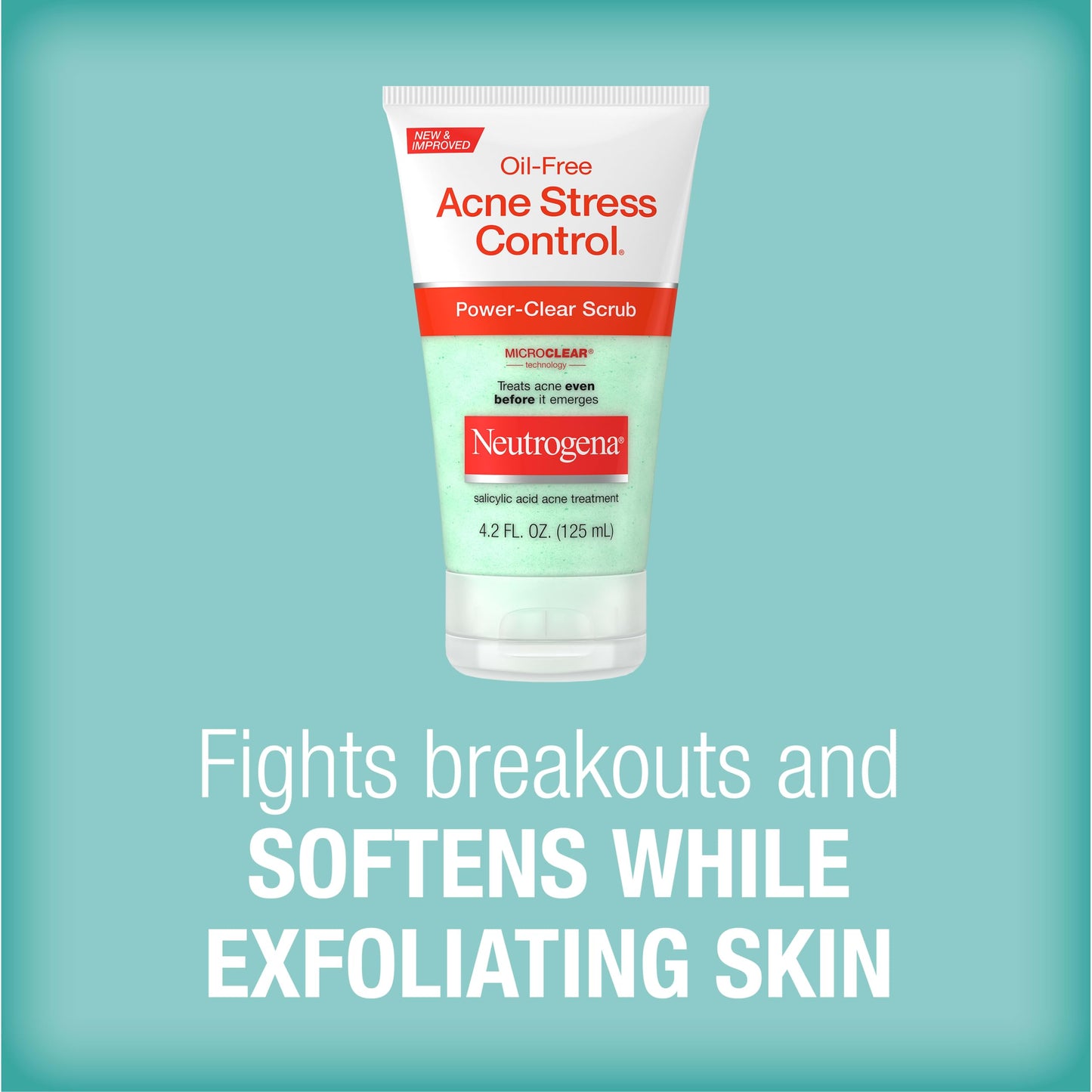 Neutrogena Oil-Free Acne Stress Control Power-Clear Scrub, 2% Salicylic Acid for Acne-Prone Skin, Exfoliating Daily Facial Scrub, 4.2 fl. oz