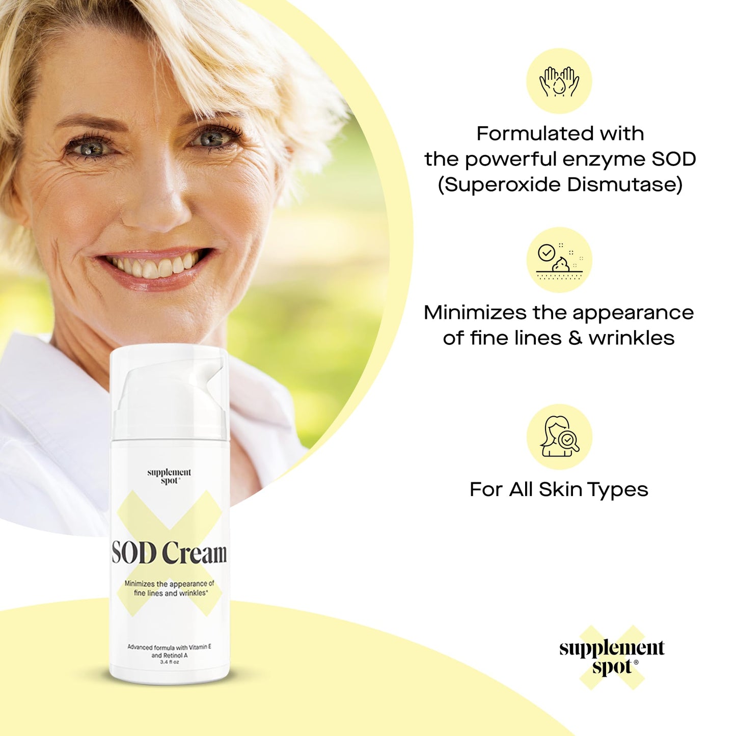 Supplement Spot Superoxide Dismutase (SOD) Anti-Aging Cream - Face Moisturizer for Fine Lines & Wrinkles, Smooth & Firm Skin, Youthful Glow, Antioxidant-Rich Skincare, (3.4 oz 2 Pack)