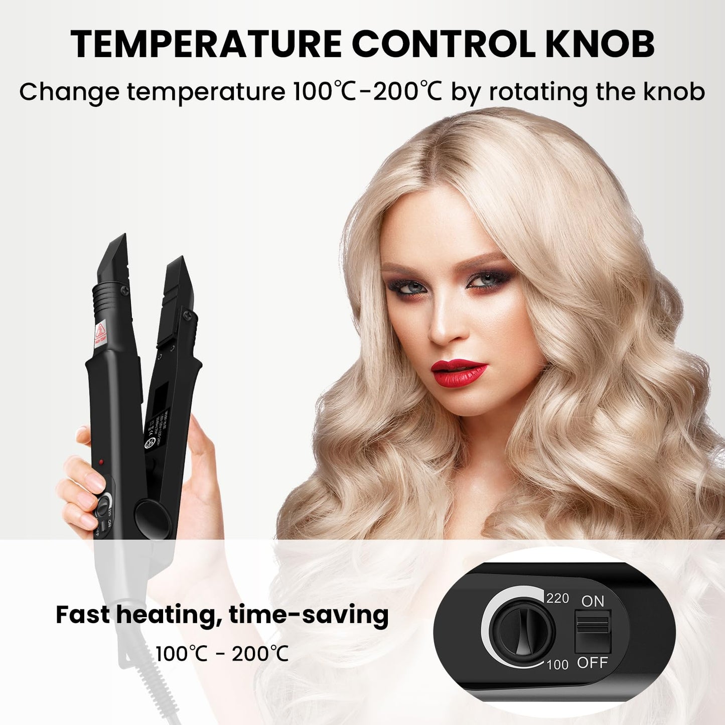 TopWigy Professional Hair Extensions Tool Hair Connector Fusion Heat Iron Connector Wand Temperature Adjustable Melting Tool with US Plug (Black B-tip)
