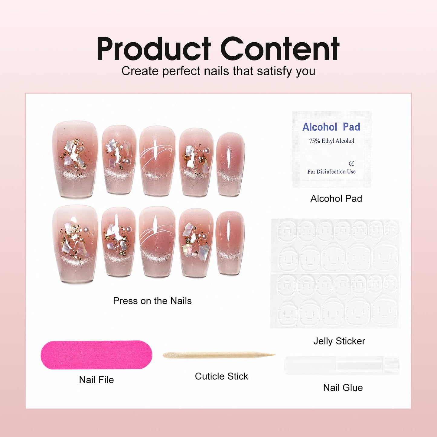 JODSONE Pink Square Press on Nails 3D Handmade Cat Eye Reuseable Fake Nail Tips Ready to Wear - Medium