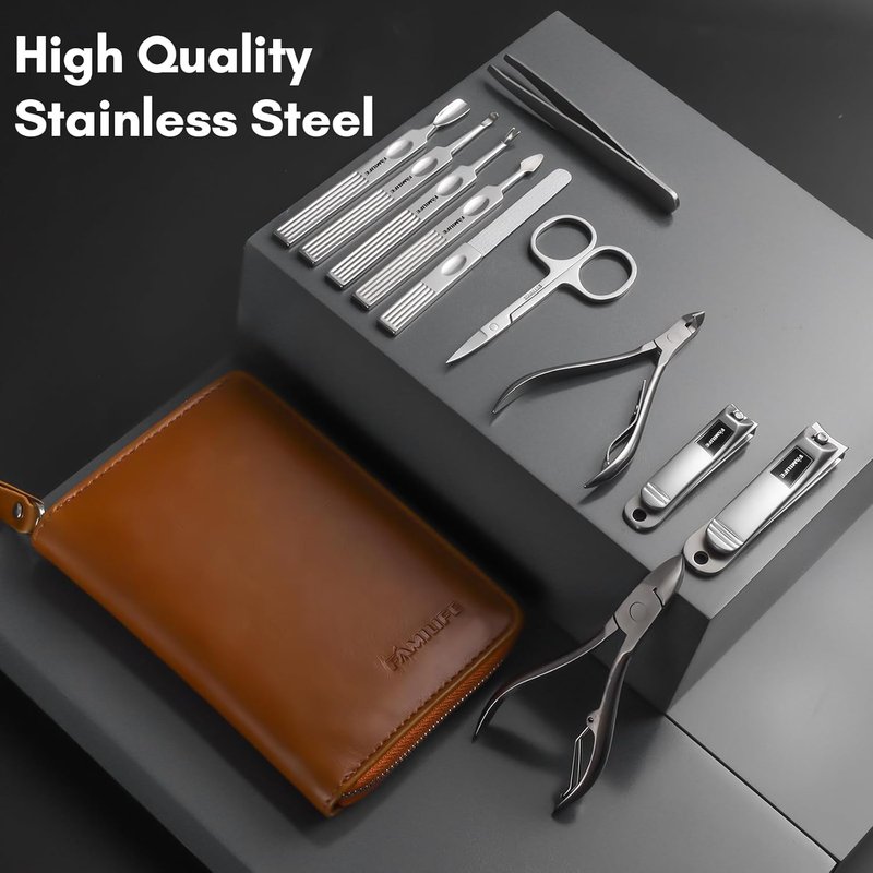 Professional Manicure Set - 11-Piece Stainless Steel Nail Clippers & Pedicure Tools | Portable Brown Leather Travel Case for Men