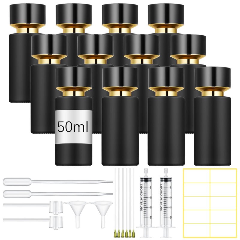 Teenyyou 12 Pack 50 ml Glass Perfume Bottles and Refill Tools Set, Travel Perfume Atomizer Spray Bottles, Portable Empty Refillable Atomizer Decanters with Dispenser Transfer Kit (Black)