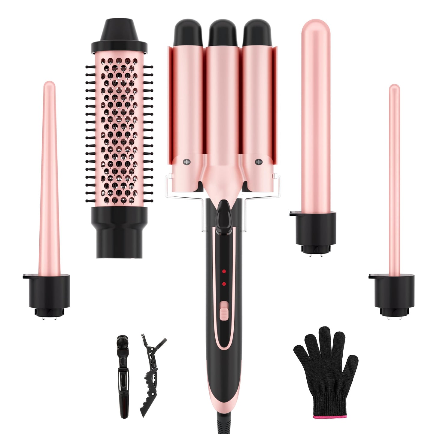 5-in-1 Curling Iron Set, Includes 3 Curling Irons and 4 Interchangeable Ceramic Barrels; Dual-Voltage Wavy Curling Iron; Comes with Protective Gloves and Hair Clips (0.3–1.5 inches), Rose Gold