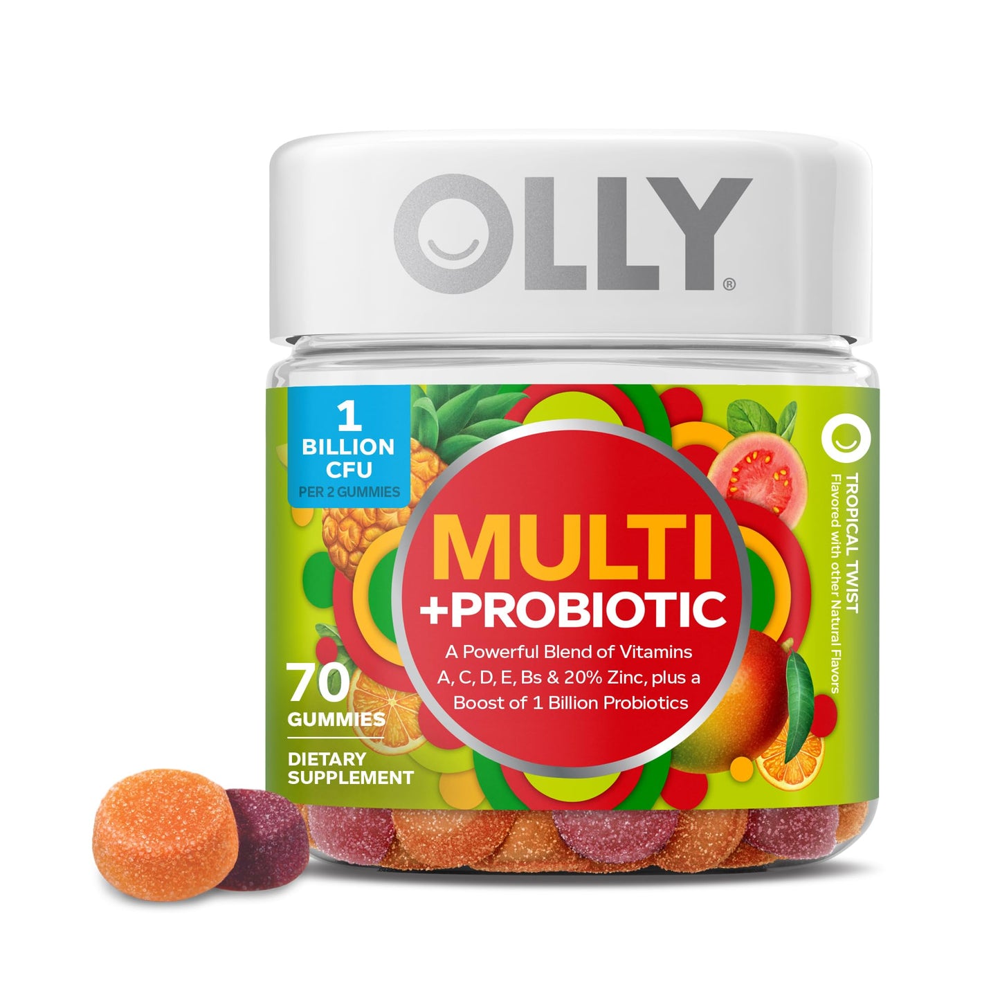 OLLY Multi + Probiotic Adult Multivitamin Gummy, Digestive and Immune System Support,* Chewable Supplement, Tropical Flavored, 35 Day Supply - 70 Count