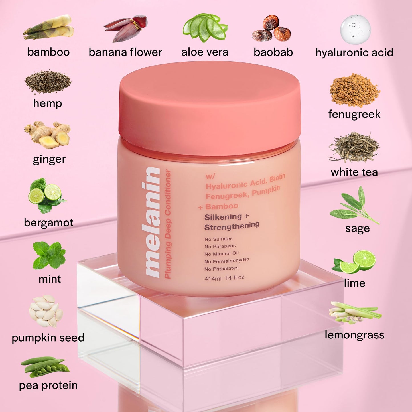 Melanin Haircare Plumping Deep Conditioner, 14oz, Moisturizing Hair Mask with Hyaluronic Acid and Biotin