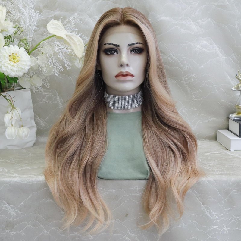 IMSTYLE Kristy Pre Plucked Strawberry Blonde Piece Glue Less Lace Front Wigs, 26inches T Part Synthetic Body Wavy Wig for Women Daily Cosplay