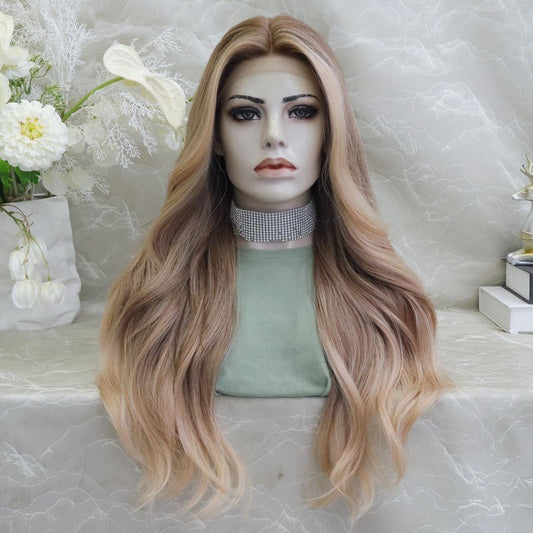 IMSTYLE Kristy Pre Plucked Strawberry Blonde Piece Glue Less Lace Front Wigs, 26inches T Part Synthetic Body Wavy Wig for Women Daily Cosplay