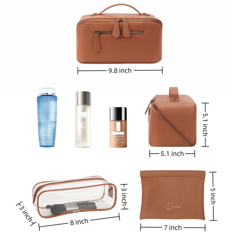 Divvia Travel Makeup Bag 3 Pcs Set, Waterproof Vegan Leather Toiletry Bag Organizer with Compartments & Handle, Cosmetic Bags for Women, Portable Travel Essentials Pouch (Large, brown)