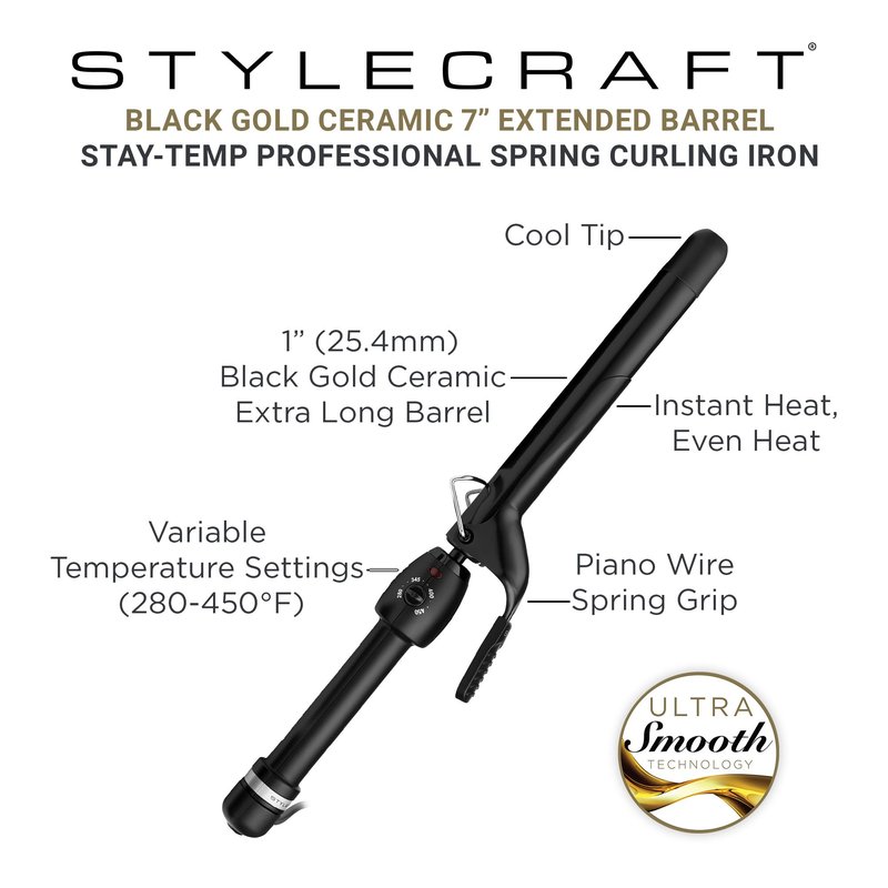 StyleCraft Stay-Temp Black Gold Ceramic Extended Barrel Curling Iron (1-inch)