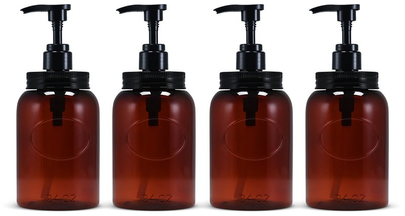 Bottiful Home-24 oz Plastic Refillable Wide-Mouth Jar Style Pump Bottle Dispenser Set of 4 for Thick Liquids (Amber)