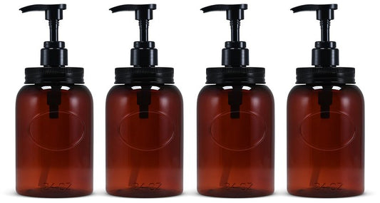 Bottiful Home-24 oz Plastic Refillable Wide-Mouth Jar Style Pump Bottle Dispenser Set of 4 for Thick Liquids (Amber)