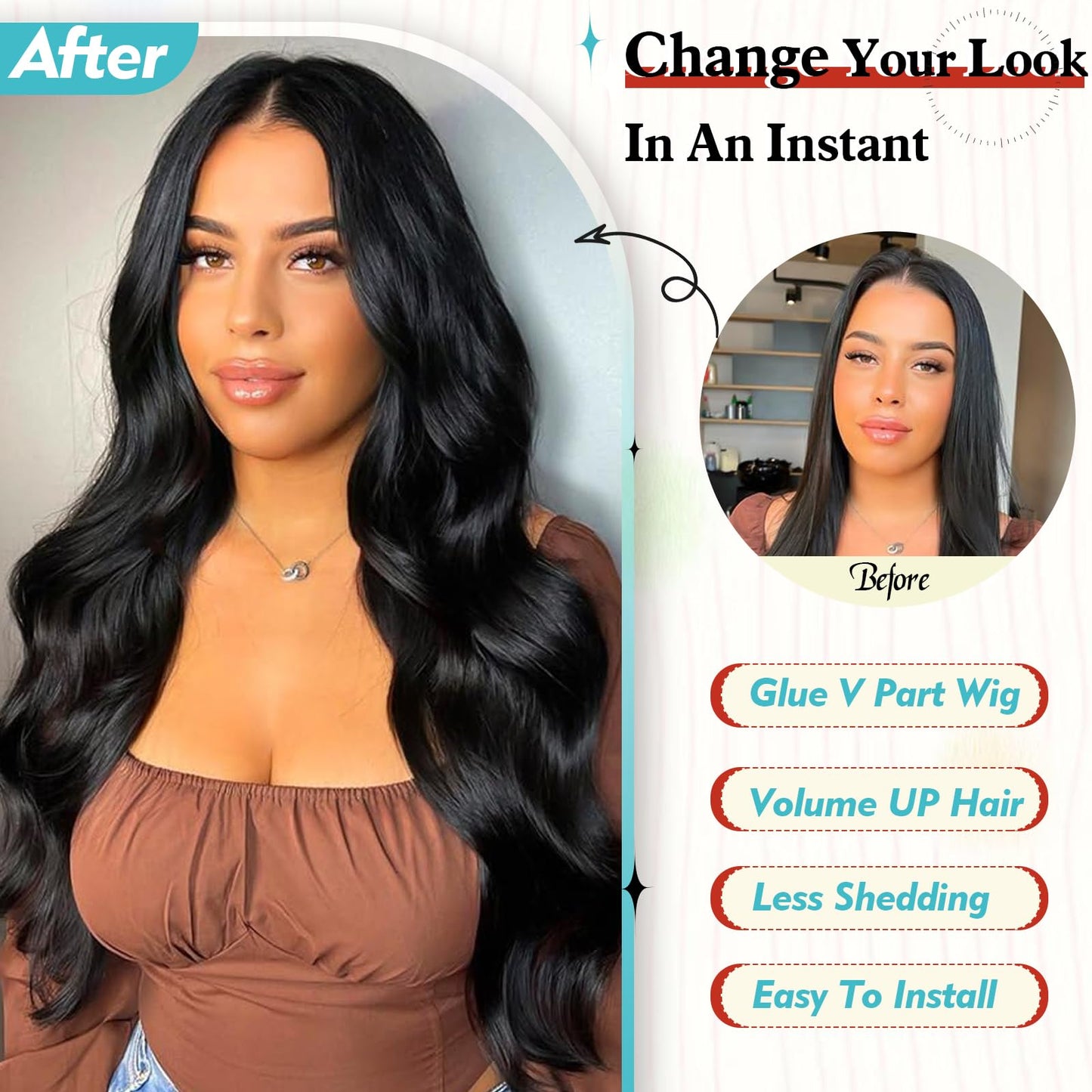 KRSI Black V Part Wig 24" Long Body Wave Synthetic U V Part Half Wigs Glueless Upgrade U Part Wig Glueless Full Head Clip in Hair Extensions for Black Women