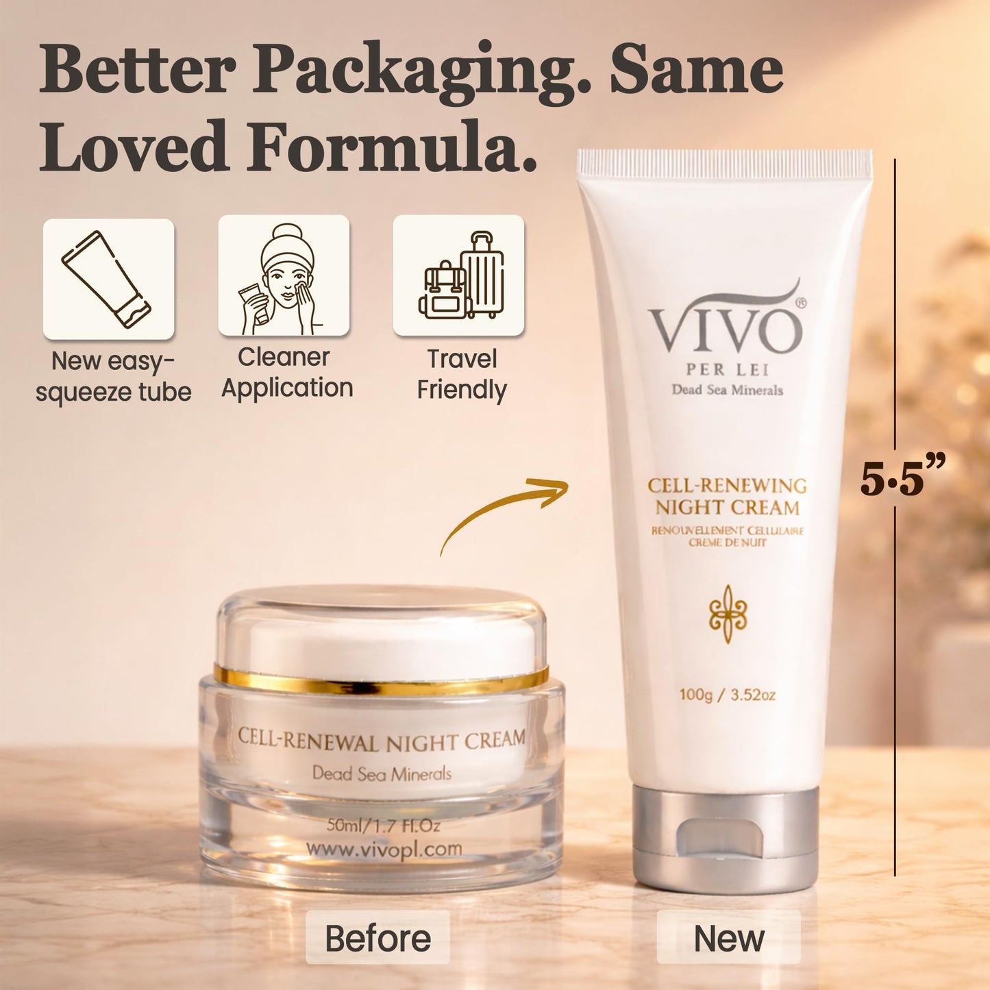 Vivo Per Lei Dead Sea Night Cream - Hydrating, Moisturizing - Anti Aging Face Moisturizer - Non Greasy - Wrinkle Cream for Women - Overnight Facial Cream with Shea Butter - 3.52 Oz - Pack of 3