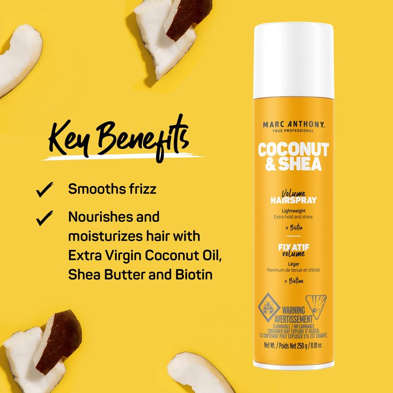 Marc Anthony Volumizing Hair Spray for Volume & Shine, Coconut & Shea - Long Lasting Anti-Humidity Flexible Hold Hairspray With No Flaking, Stiffness or Residue - Hair Styling Fights & Reduces Frizz
