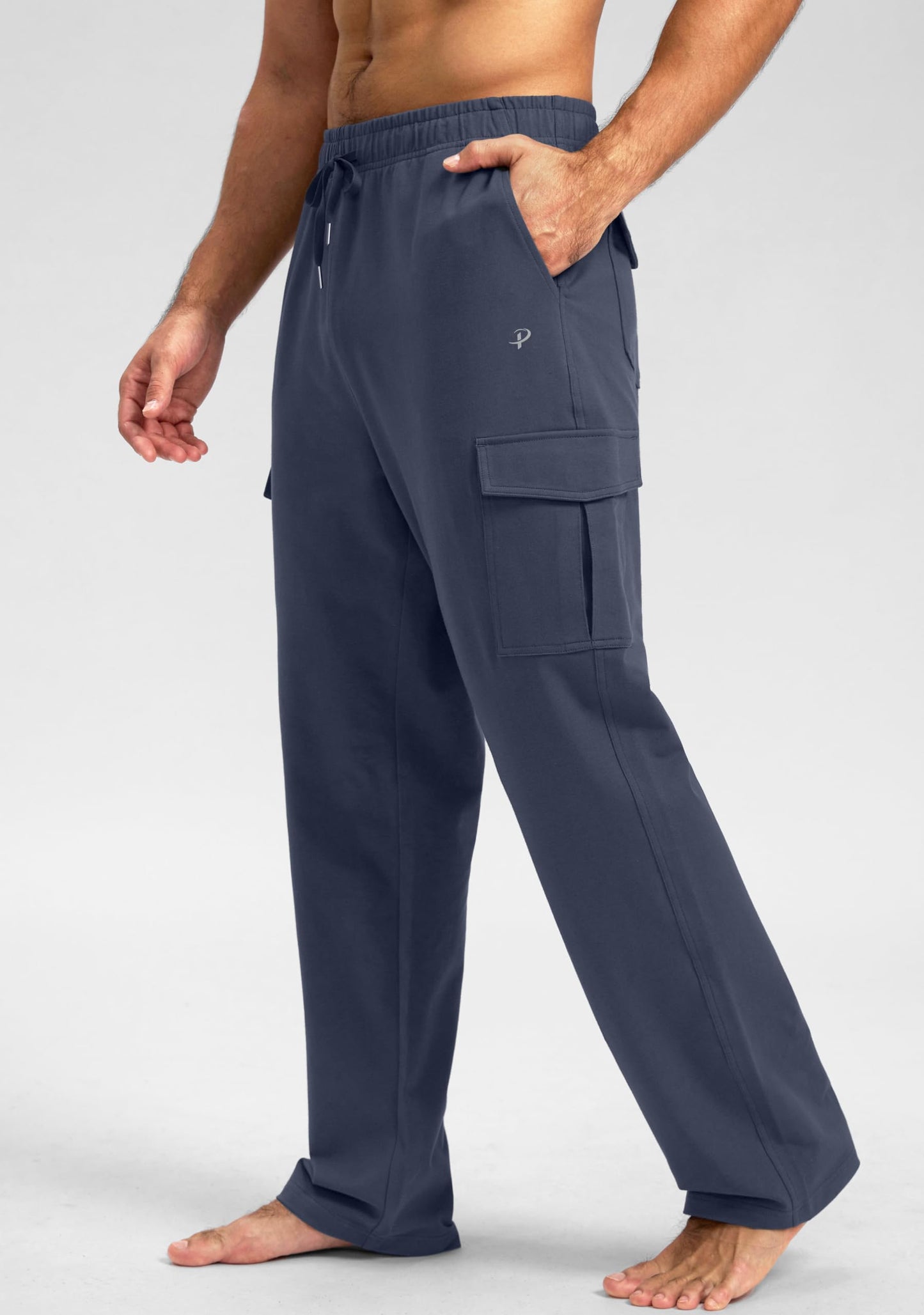 Pudolla Men's Cotton Sweatpants with Cargo Pockets Open Bottom Yoga Pants for Men Lounge Pants for Athletic Workout Casual(Dusty Blue 3X-Large)