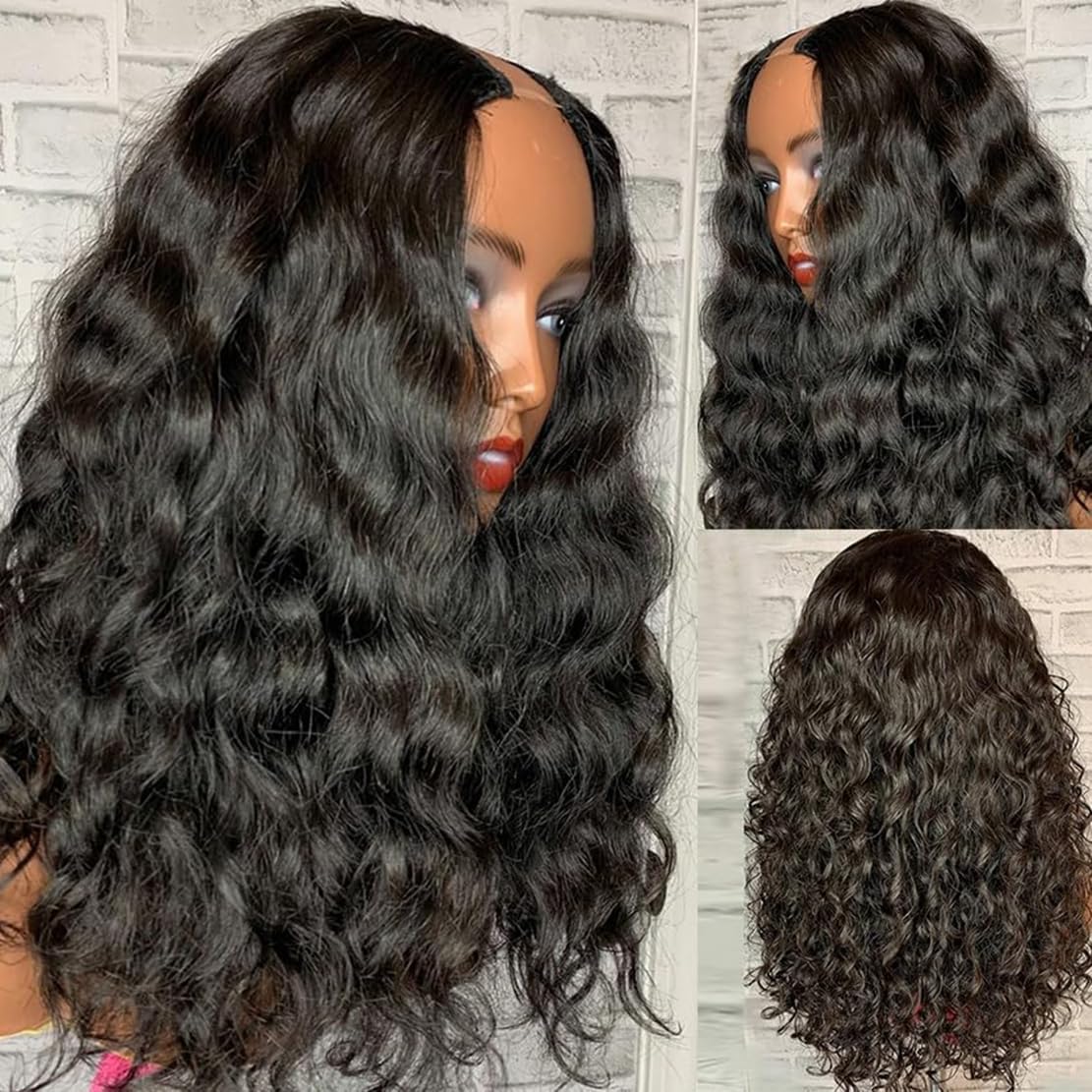 Curly V Part Wig Water Wave No Leave Out V Part Wigs Full Head Clip In Upgrade U Part Glueless Half Wigs for Black Women Premium Fiber & Remy Human Hair Blended (Black2.0, 18 Inch)