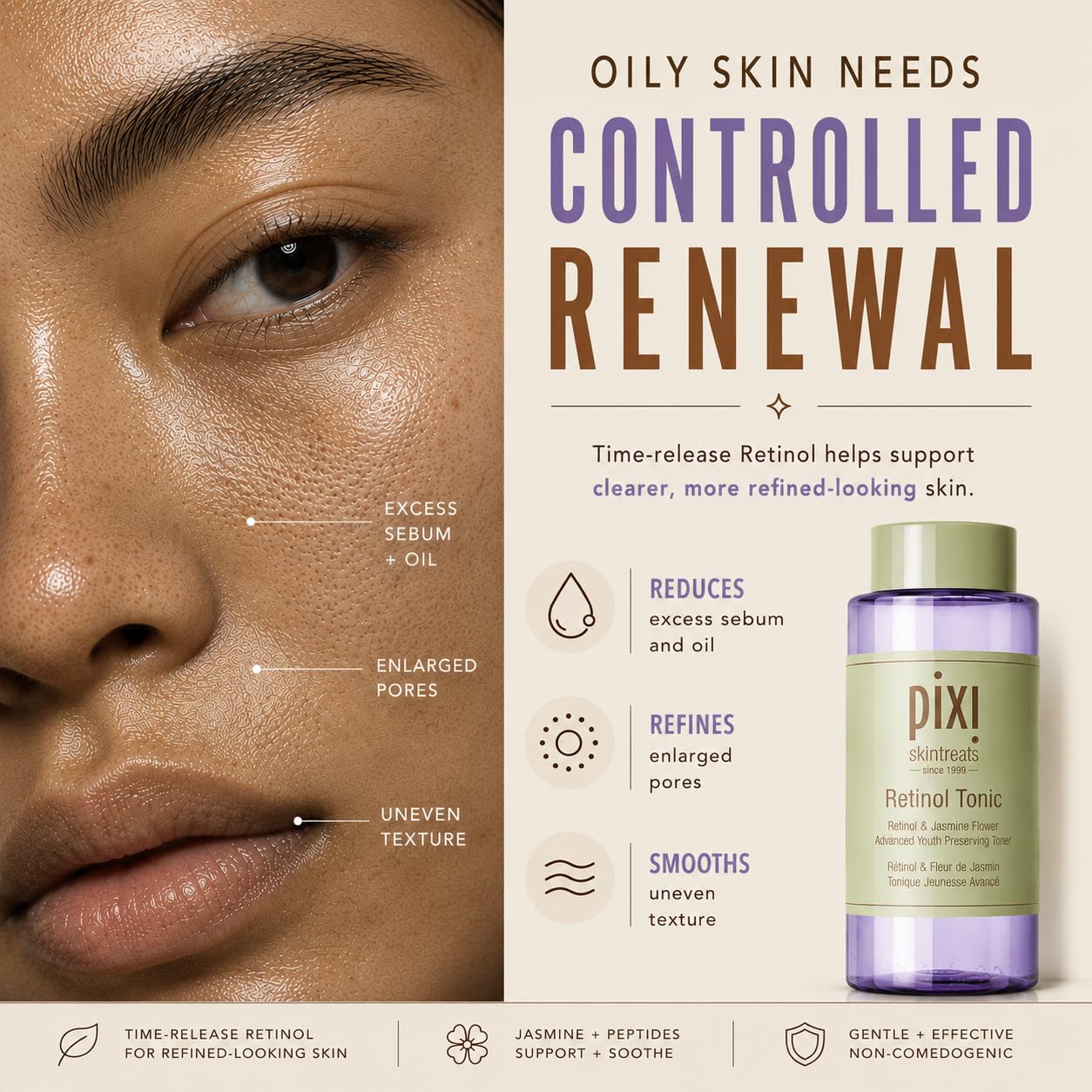 Pixi Retinol Tonic, Smoothing & Firming Facial Toner | Oil Control | Enhanced with Peptides to Boost Collagen Production | Alcohol-Free Daily Rejuvenating Toner, 250 ml / 8.5 fl oz