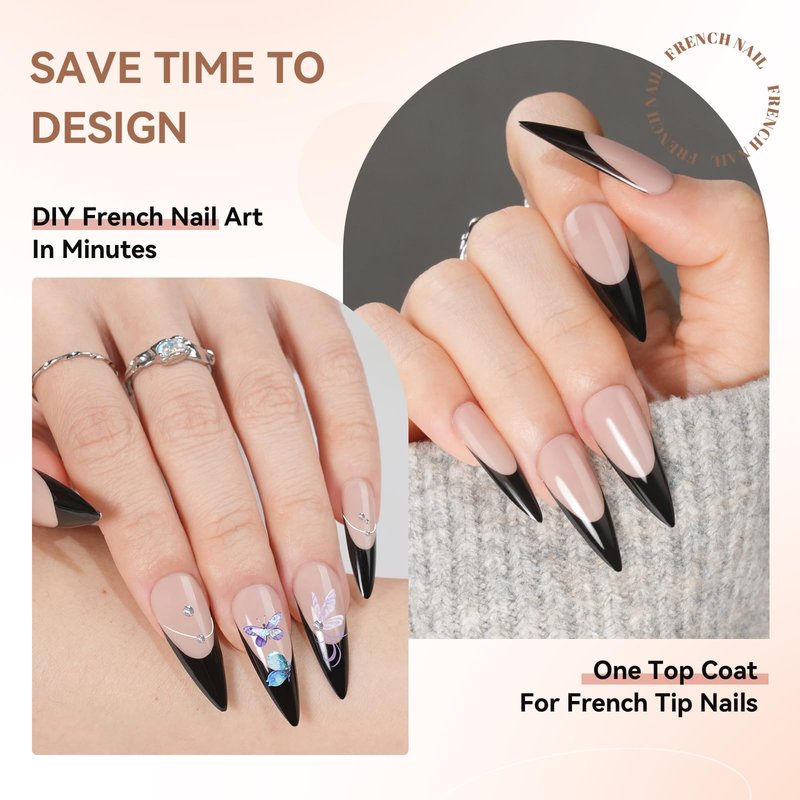 French Gel Nail Tips Kit, Jofay Fashion 240Pcs Stiletto French Tip Press on Nails Long, Natural Fake Nails Pre-Base Coat & Black French Tips with 30g Solid Nail Glue Gel for x Coat Press on Nails