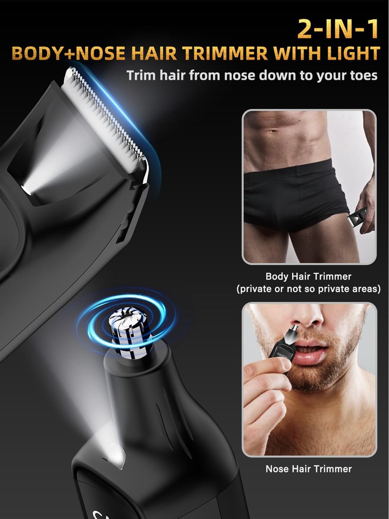 Cayzor 2-in-1 Body and Nose Hair Trimmer for Men - Safe Portable Electric Razor for Ball Groin with LED Light, IPX7 Professional Electric Shavers for Men Pubic, Underarm, Nose, Ear, Beard, Head