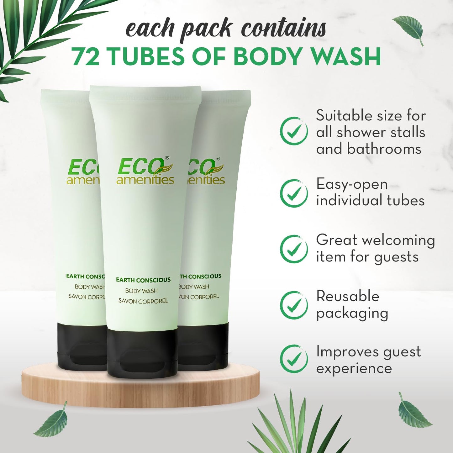 ECO amenities Hotel Body Wash - TSA Approved Travel Shower Gel - Leak-Proof Individual Body Wash - Cruelty-Free Mini Toiletries - 0.75 Fl Oz, Pack of 72, Green Tea