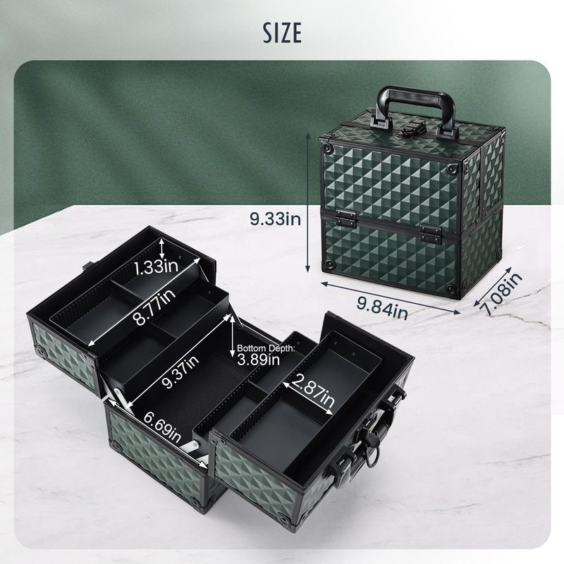 FRENESSA Makeup Case Makeup Box Cosmetic Train Cases Portable Make Up Artist Travel Case Storage Box 4 Trays with Dividers Lockable Hard Makeup Box Craft Nail Kits Case Drak Green