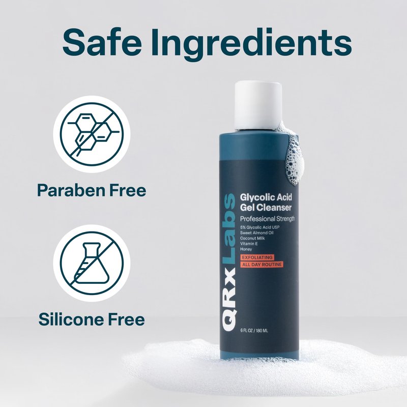 QRxLabs 5% Glycolic Acid Gel Cleanser - Exfoliating AHA Facial Cleanser for Smoother-Looking Skin, Oil Control & Pore Care, Body Safe - Helps with Razor Bumps & Ingrown Hairs - Daily Use - 6 Fl Oz