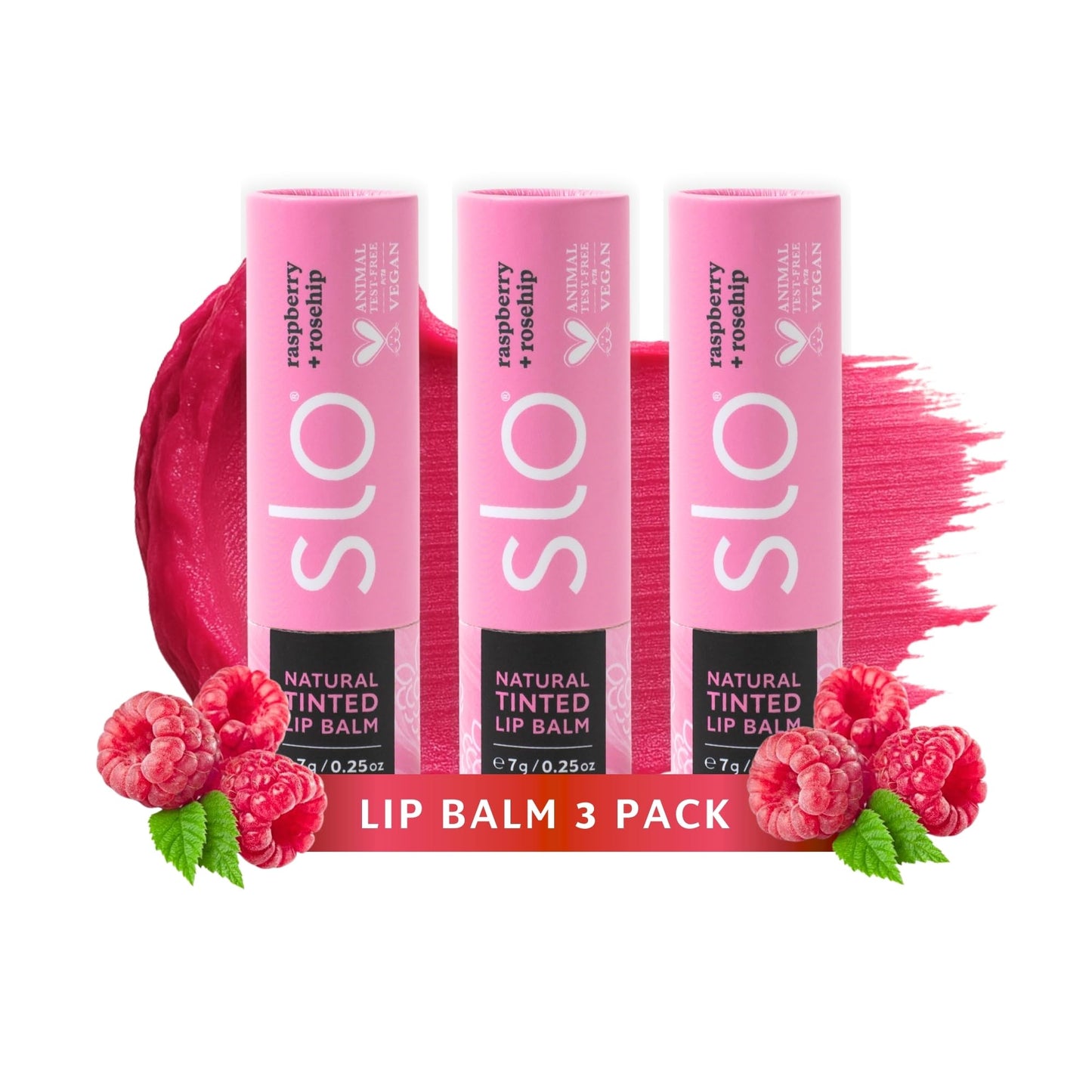 Slo 3-Pack Hydrating Lip Balm - Multi-Use, All Natural Lip Balm and Cheek Tint with Organic Jojoba, Rosehip, Cocoa Butter - Vegan, Cruelty-Free, Paper Packaging - Raspberry + Rosehip (3x0.28oz/8g)