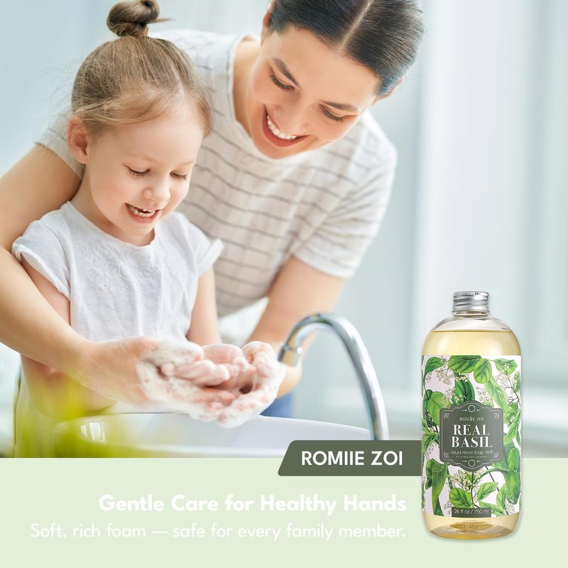 ROMIIE ZOI Liquid Hand Soap Refill Gift Set – Basil Scent, 3 Pack (26 Fl Oz Each), Plant-Based, Biodegradable & Gentle Formula for Daily Use in Kitchen, Bathroom & for Sensitive Skin