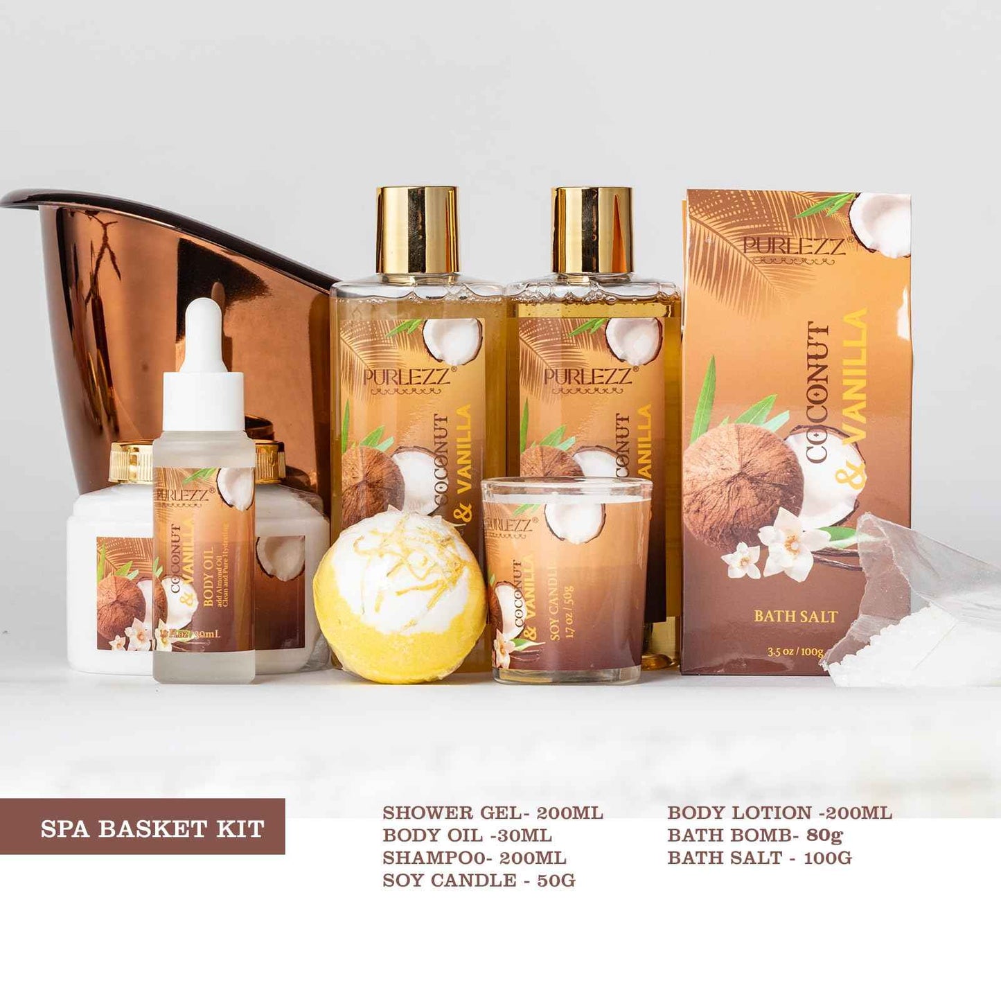Spa Gift Basket for Women, Coconut & Vanilla Luxury Home Spa Kit, 8pcs Bath Gift Set, Birthday Gift for Women Unique with Bath Bombs, Scented Candle, Body Lotion, Spa Bath Sets for men Gift
