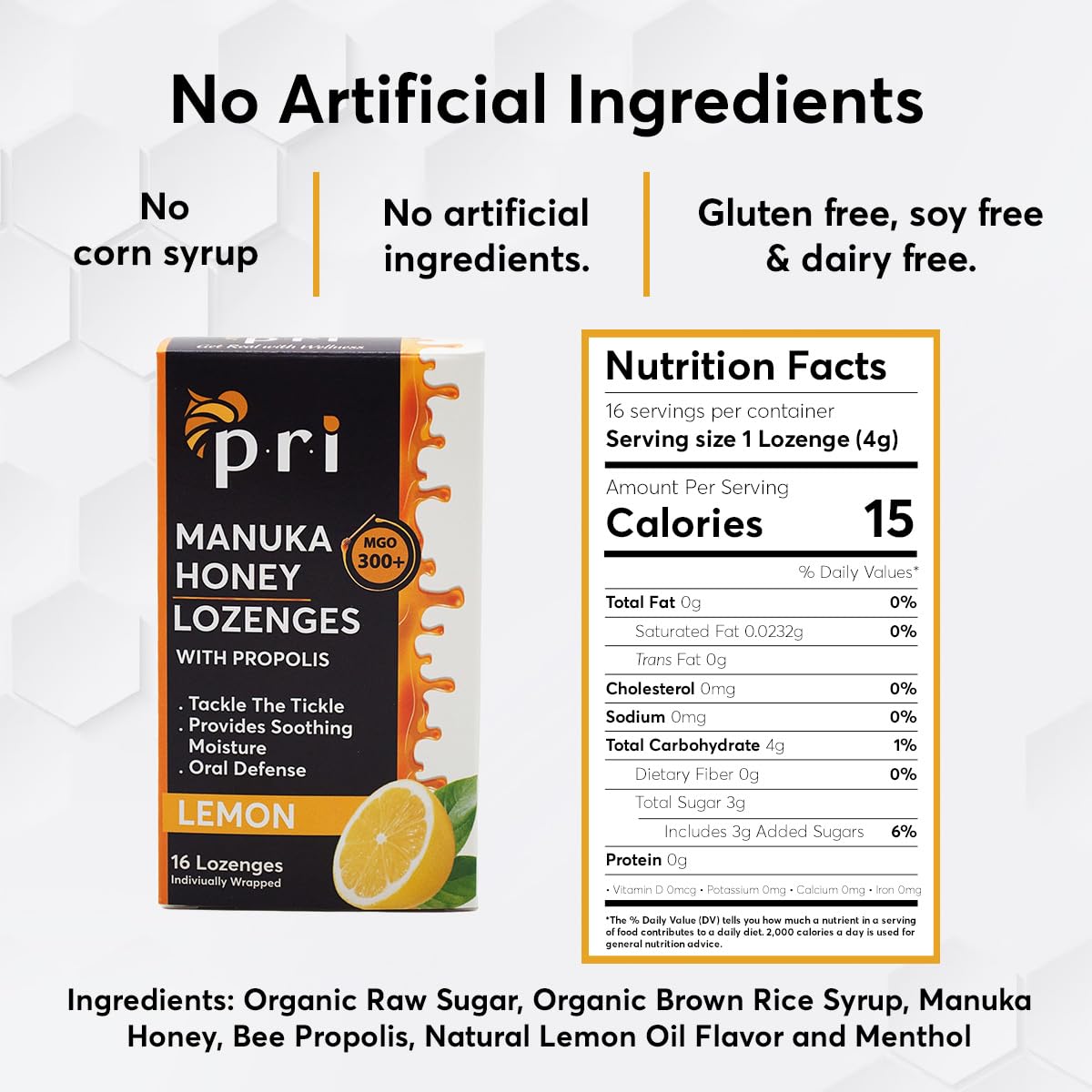 P.R.I Manuka Honey Lozenges with Propolis, Lemon Menthol Cough Drops, Natural Throat Drops, MGO 300+ Certified (16 Count, 2 Pack)