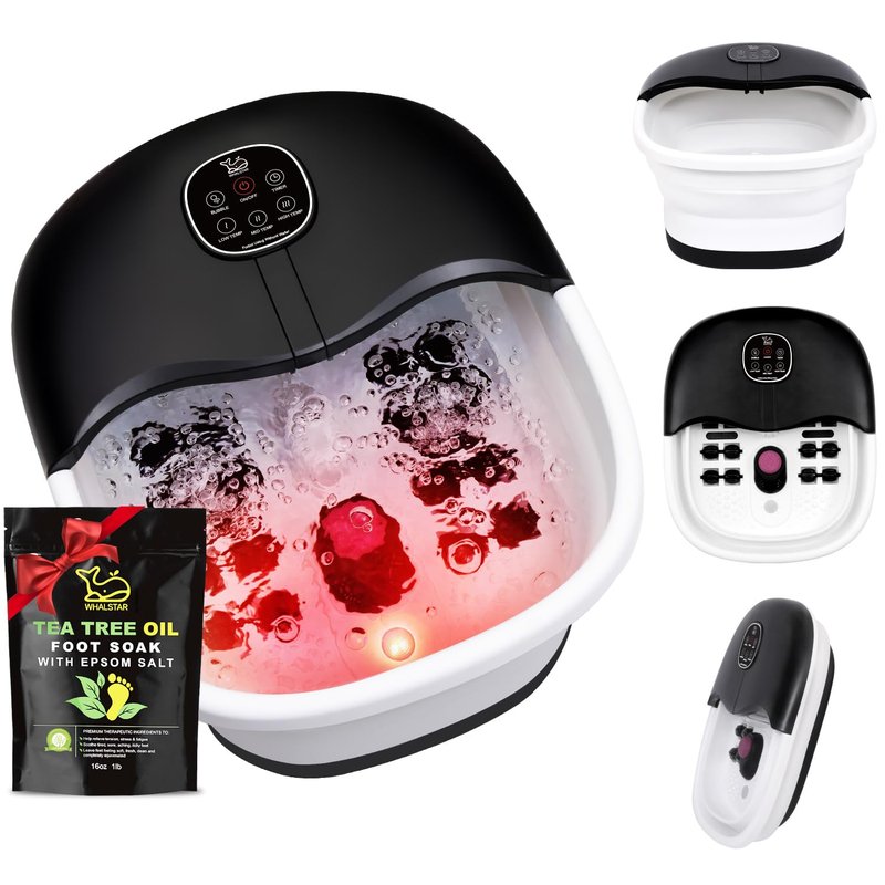Collapsible Foot Spa Bath Massager with Heat Bubbles and Vibration Massage and Jets, 16oz Tea Tree Oil Foot Soak Epsom Salt, WHALSTAR Foot Bath Bucket With Red Light & Remote