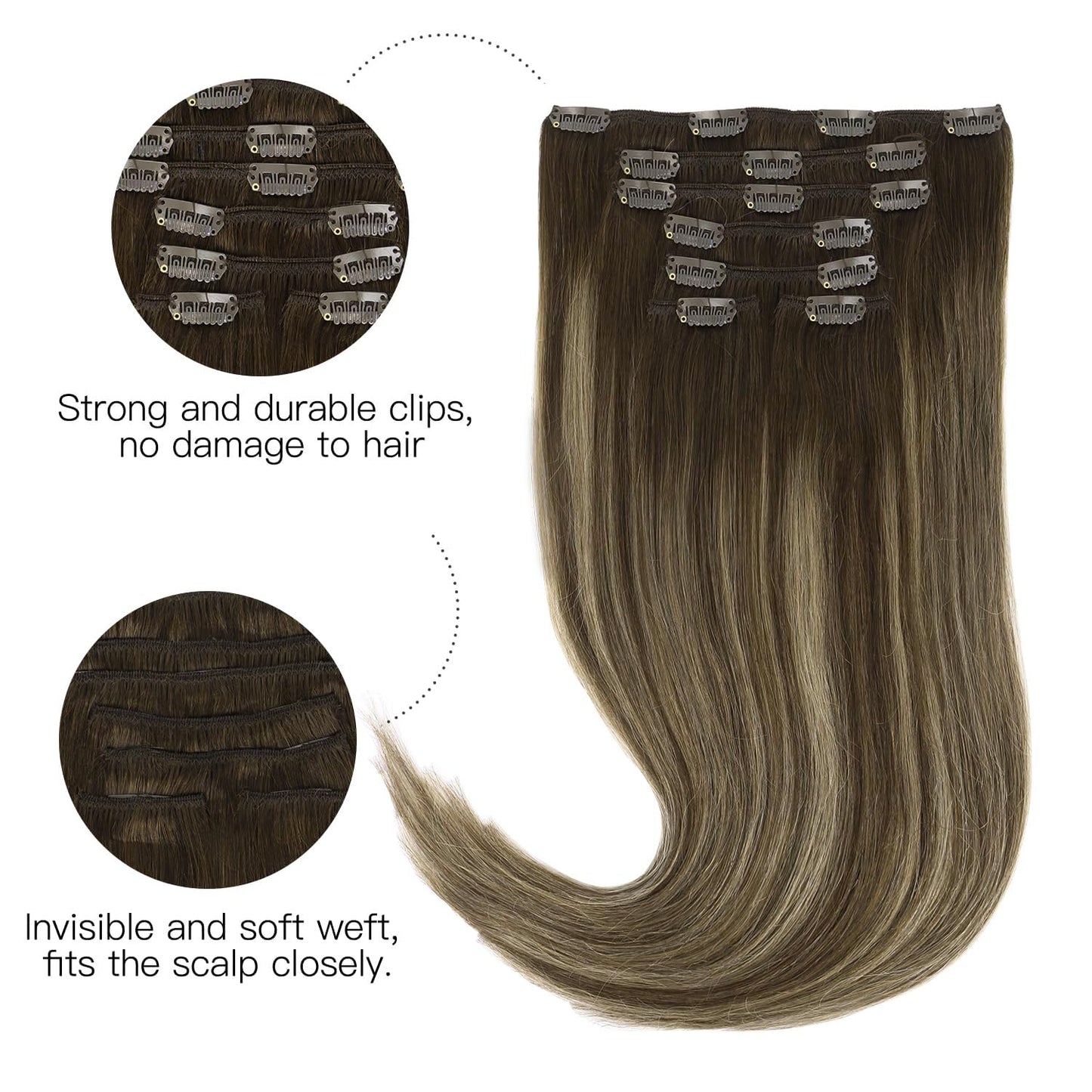 HOTBANANA Human Hair Clip in Hair Extensions, Balayage Chocolate Brown with Honey Blonde 120g Clip in Hair Extensions Real Human Hair Straight Remy Hair Clip Ins Dark Roots Ombre 14 Inch 7pcs