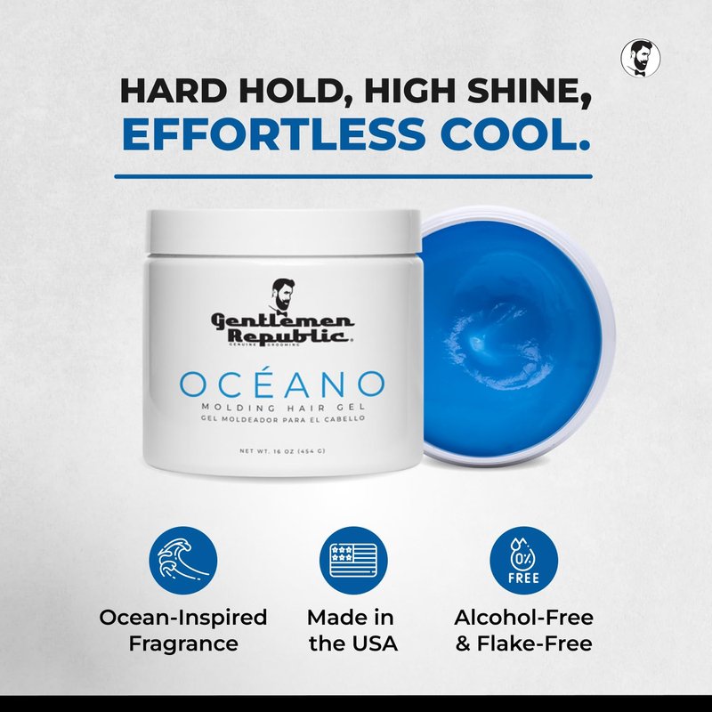Gentlemen Republic Oceano Men's Hair Gel 16oz - Strong Touchable Hold and High Shine Styling Gel for Hair, 100% Alcohol-Free Professional Formula with Fresh Scent, Mens Hair Product Made in USA