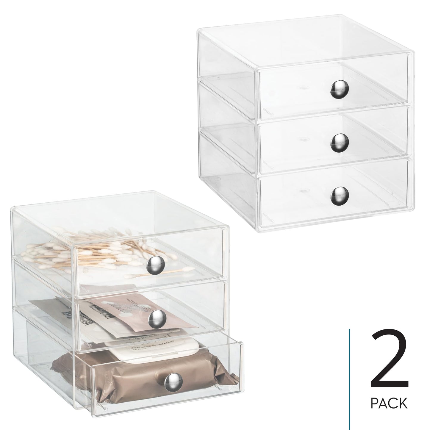 iDesign Stackable 3-Drawer Makeup Organizer, Set of 2, Clear