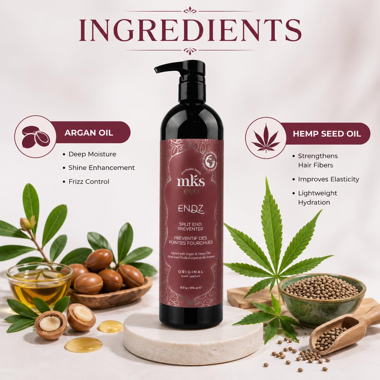 MKS eco Endz, Original Scent - 10 fl oz - Split End Mender & Preventer - Moroccan Argan Oil, Hemp Seed Oil - Vegan & Cruelty Free