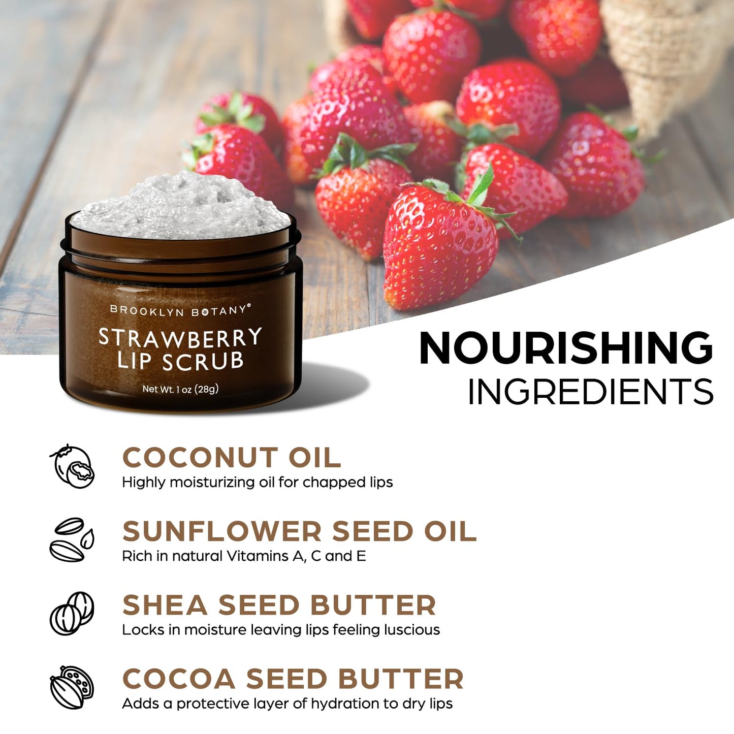 Brooklyn Botany Lip Scrub Exfoliator 1 oz – Lip Moisturizer for Dry Lips and Chapped Lips – Gentle Lip Exfoliator for Smooth and Brighter Lips – Strawberry Flavor