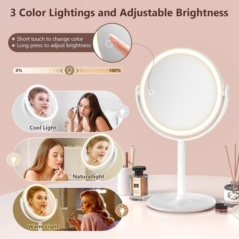 Magnifying Makeup Mirror with Light - 3 Color Settings, Rechargeable, Double-Sided | 8.6-Inch Large