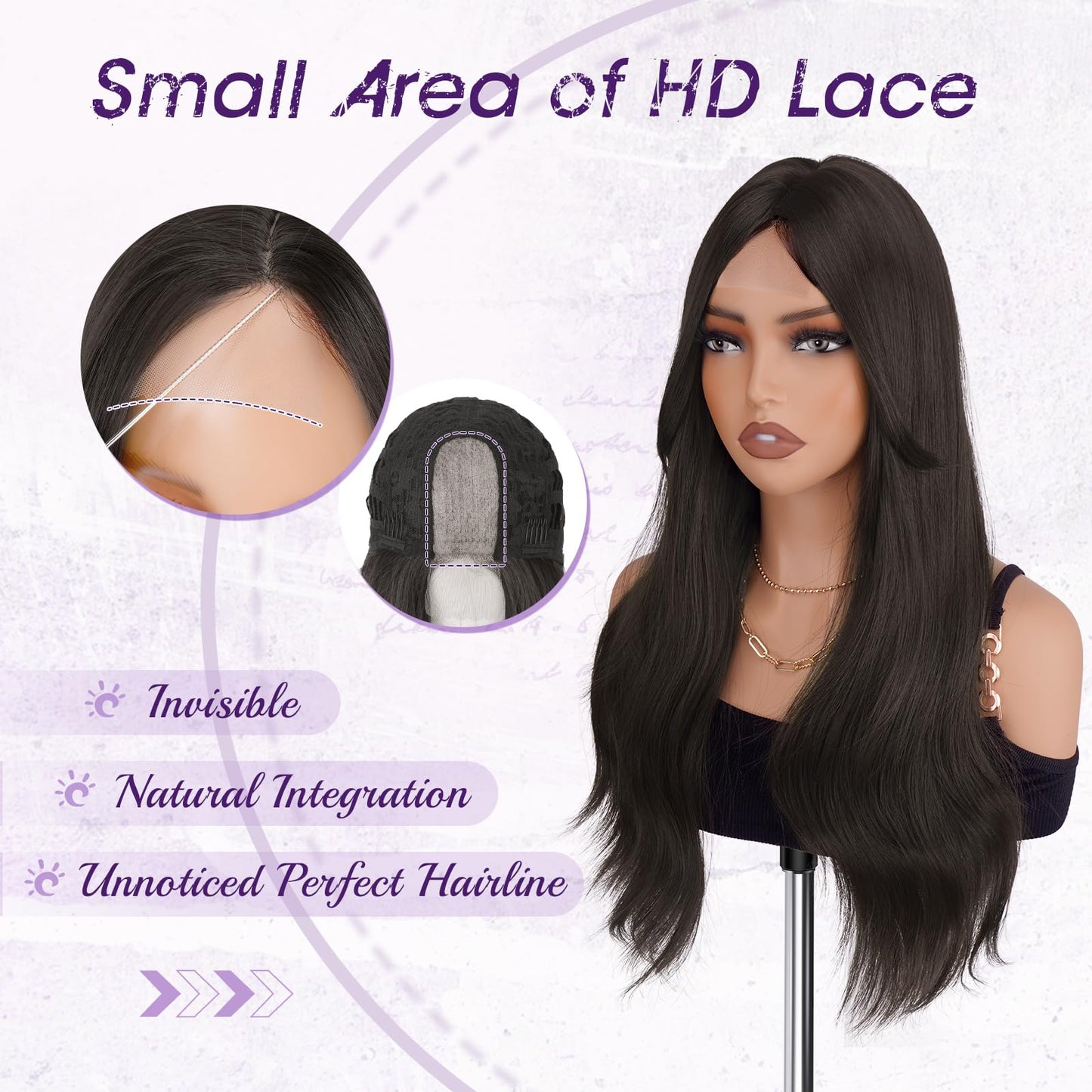 Haloo Brown Wigs with Curtain Bangs - Lace Front Hairline Middle Part Long Layered Natural Looking Wavy Hair Synthetic Women Wig for Daily Party, 22 Inch Dark Brown