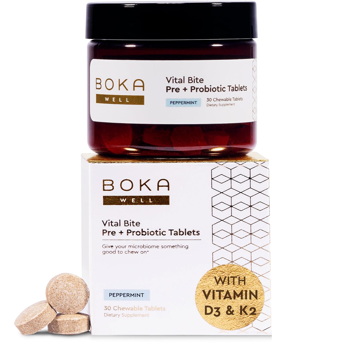 Boka Vital Bite Oral Pre + Probiotics - Sugar-Free Nut-Free Chewable Dental Probiotics for Teeth and Gums with BLIS K12, Vitamin D3 K2 for Men Women, Freshens Breath - Peppermint, 29 ct
