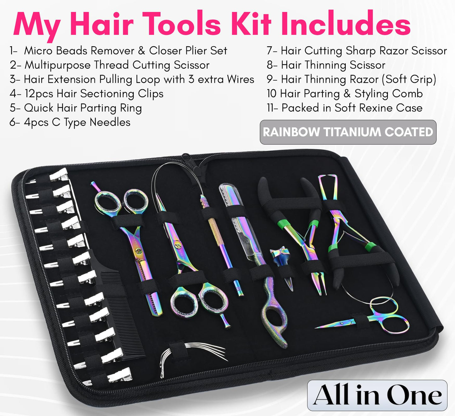 My Hair Tools Hair Extension Tools Kit – Tape-in Press Plier, Keratin Bond Cutter, 3 Hole Nano & Micro Beads Crimping & Remover Pliers, Hair Parting Tool, Mini Scissor, 12pcs Clips & Needles (Black)