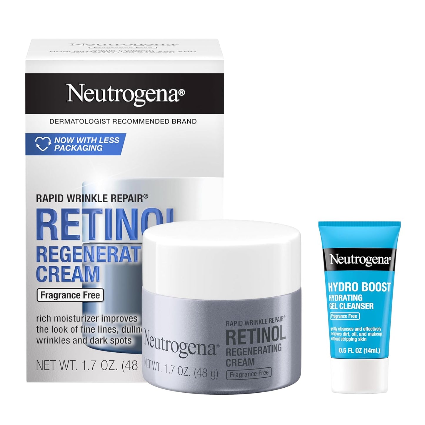 Neutrogena Rapid Wrinkle Repair Retinol Face Moisturizer - Anti-Aging Cream with Hyaluronic Acid | 1.7 oz + Hydro Boost Cleanser 0.5 fl. oz