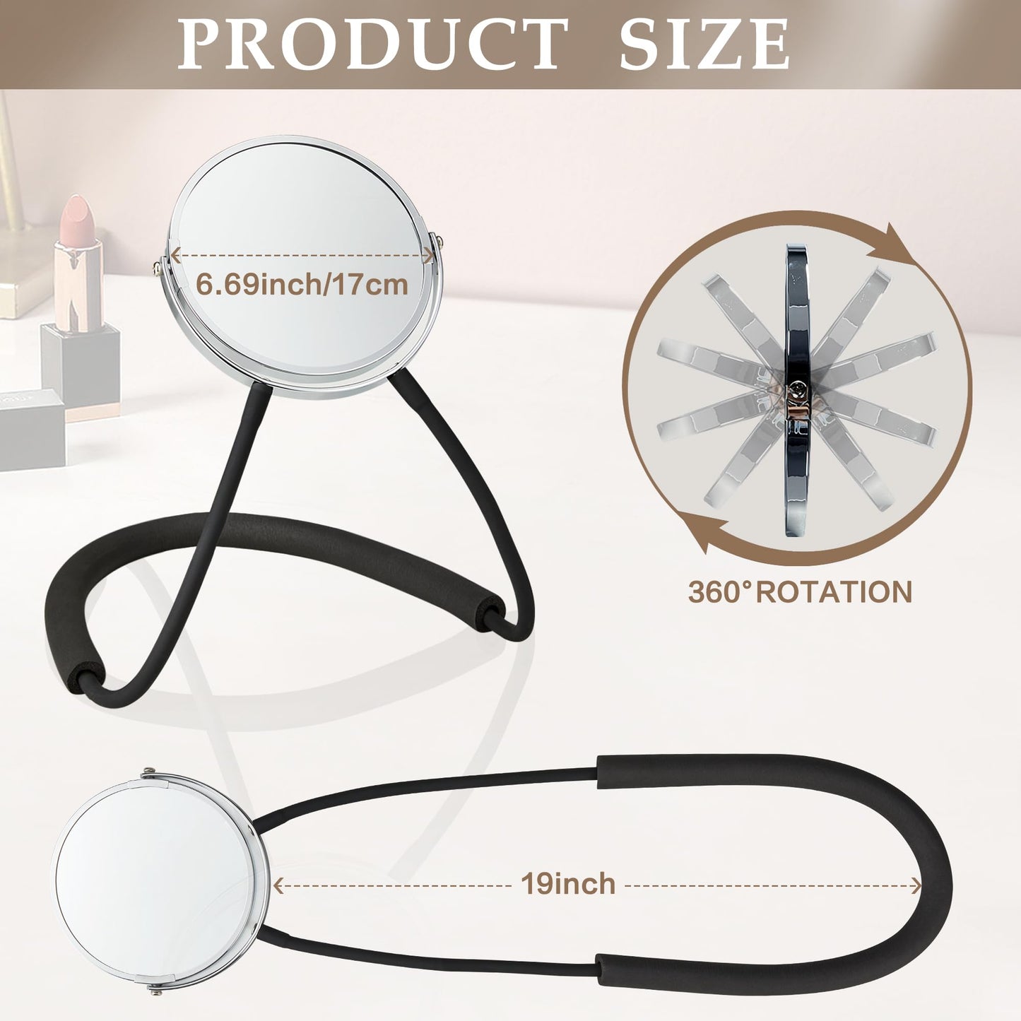 XWZMR Neck Mirror to See Back of Head, Double Sided Mirror Around Neck Hands Free, 6.7" Standard and 5X Magnification,360 Rotating, Adjustable Neck Strap for Women Travel Makeup Braiding