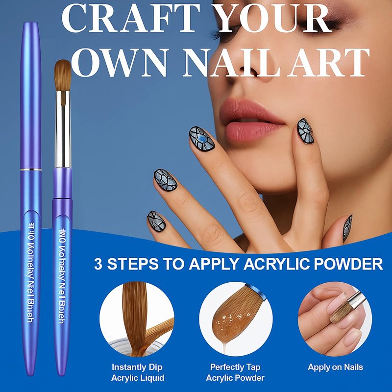 Kolinsky Hair Acrylic Nail Art Brushes - Oval Crimped Tip for Precision Nail Design | Gradient Blue Metal Handle, Size #16